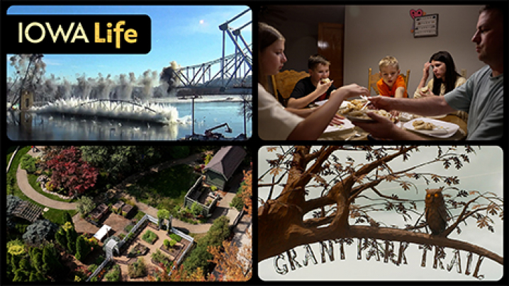 Iowa Life logo, plus a bridge demolition, a refugee family has dinner at home, an aerial view of the Better Homes and Gardens Test Garden and a metal tree sculpture with an owl on its branch with the words Grant Park Trail underneath the branch.