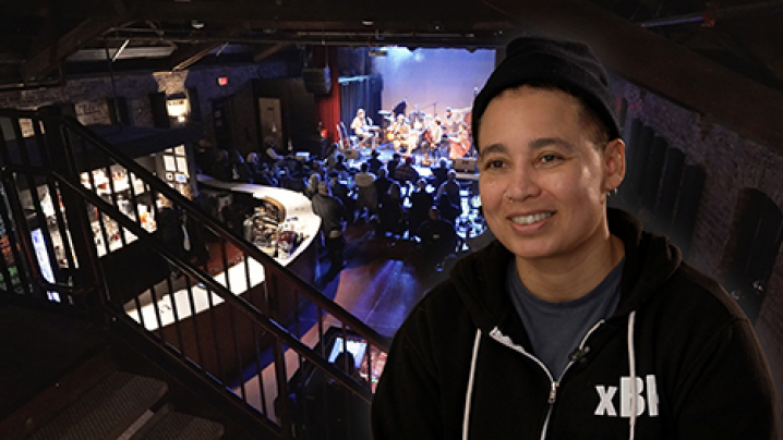 A split screen of the xBk venue on the left and musician-turned-lawyer Tobi Parks talking to Iowa PBS on the right.