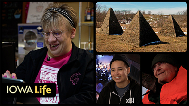 The Iowa Life logo, plus a woman smiles and enters info into an iPad/tablet, a photo of three small pyramids in rural iowa, a woman in a black hoodie smiles at a concert venue, and an older man in an orange hunting vest and stocking cap.