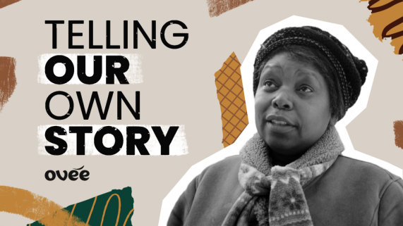 Black woman in scarf and hat on a green and yellow background. Text reads Telling Our Own Story.