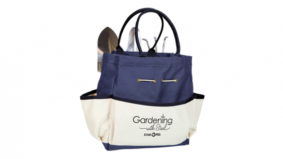 Blue and white gardening tote