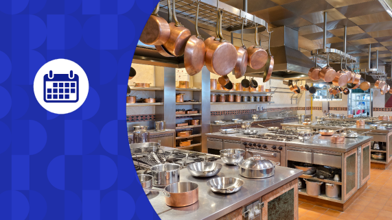 Blue calendar graphic on top of a stainless steel and copper kitchen image