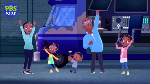 An animated family with hands in the air in celebration.