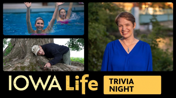 A photo of a woman in a pool, a photo of a man looking at a tree, and a photo of the show host of Iowa Life with text on screen of Iowa Life Trivia Night