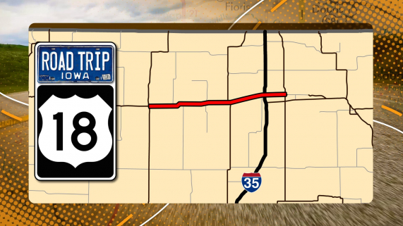 A yellow map with a red line along a highway and a Highway 18 sign