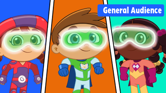 Three cartoon kids in superhero costumes with glowing green googles on.