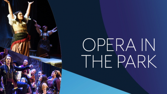 Two photos from a performance of Carmen and the text Opera in the Park