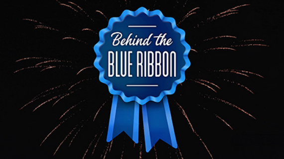 Behind the Blue Ribbon logo of a blue ribbon against a fireworks explosion in the night sky.