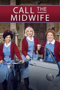 Three women from the cast of Call the Midwife stand in matching uniforms next to a bicycle and an open car door.