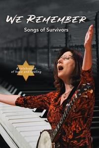 A lady with a banjo singing with outstretched arms in foreground. A piano keyboard and a concentration camp fence in the background.