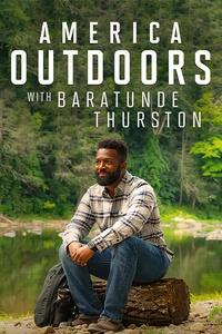 America Outdoors poster art featuring Baratunde Thurston sitting on a log in the great outdoors.