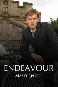 Endeavour title with actor leaning on car.