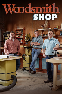 Woodsmith Shop poster art featuring three hosts in a woodworking shop. 