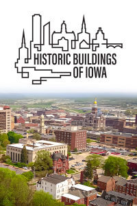 Historic Buildings of Iowa with a aerial view of Dubuque showing Washington Park, Redstone Inn, county courthouse and clock tower.