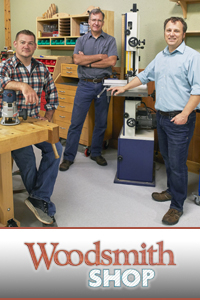 Woodsmith Shop poster art featuring three hosts in a woodworking shop. 