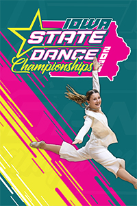 Iowa State Dance Championships poster art with show logo and girl leaping through the air.