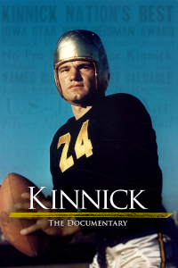 College football player Nile Kinnick prepares to throw a football wearing his number 24 black and gold uniform.