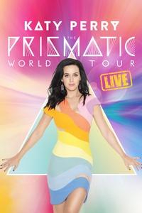 Music artist, Katy Perry, stands in front of a triangle/prism with pastel-rainbow-like colors emitting in the background and across her dress.