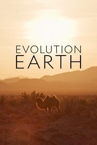 "Evolution Earth" in the sky over a sunset. Scene is of a camel in a hazy desert location with mountains in the background.