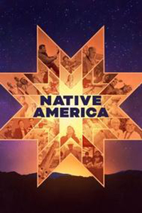 An eight pointed star-like shape under the Native America title with starts above, a sunset, and hills below.