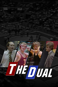 The Dual poster image - images of wrestlers and coaches and a wrestling match.