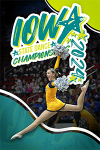 Iowa State Dance Championships 2024 poster art with show logo and girl leaping through the air.