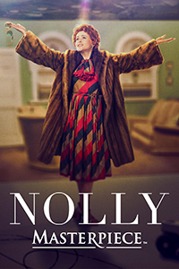 Nolly with arms up and to her side. Holding sunglasses in here right hand. Wearing a bright dress and brown fur coat.