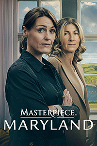 MaryLand (on Masterpiece) characters, Becca and Rosaline stand in front of a window looking at the camera with serious expressions on their faces.