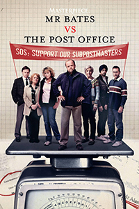 Mr Bates vs The Post Office - The cast of the show sands on a table scale under a banner that reads, " SOS: SUPPORT OUR SUBPOSTMASTERS."