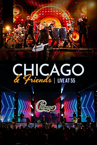 Two stage scenes from the concert event stacked on top of each other with the show logo in the middle.
