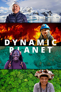 Four panorama scenes from around the globe stacked on each other - each featuring a person facing the camera: a man and snowy mountains and icy water, a woman firefighter in front of a burning brush/neighborhood, a woman in front of a Caribbean-like shallow water scene, and a man in front of thick tree cover.