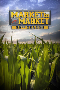 Market to Market - 50th Season logo in the sky over a field of corn stalks.
