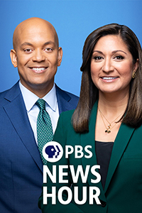 PBS News Hour hosts and logo.