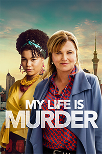 My Life is Murder logo, plus two women looking at the camera with a big city skyline in the background.