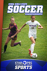 Iowa Girls Soccer State Championships - Two girl opponents fight for the soccer ball on a grassy green field.