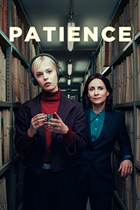 Two women stand in the aisle of a records room. One wears headphones and holds a Rubik's cube-like puzzle.