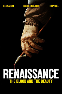 A drooping hand against a stark black background loosely holds a thin paintbrush that drips red (blood-like) paint.