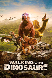 Four different dinosaurs featured on a rock. More dinosaurs featured in the background, both in the air and on the ground.
