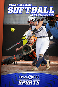 Iowa Girls Softball State Championships - A batter in a white uniform swings at the ball in front of a catcher and an umpire.