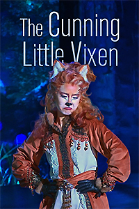 The Cunning Little Vixen logo above and behind the main vixen character --both in front of a purple-blue background.