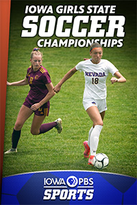 Iowa Girls Soccer State Championships - Two girl opponents fight for the soccer ball on a grassy green field.