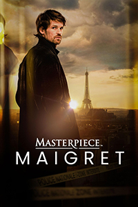 Benjamin Wainwright (as Jules Maigret) in a long black coat looks over his right shoulder at the camera. The city of Paris, specifically the Eiffel Tower is off in the distance in front of him during a sunset/sunrise.
