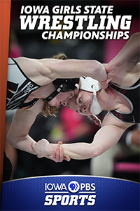 Iowa Girls State Wrestling Championships. Two females are head to head gripping one another's arms.