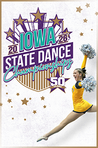 2026 Iowa State Dance Championships poster art with show logo and girl leaping through the air.
