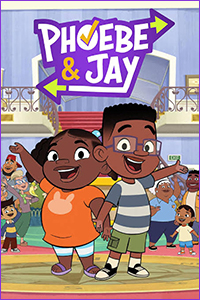 Phoebe & Jay with friends and family under the show logo.