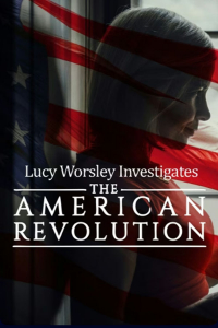 A woman stands in profile with a semi-transparent American flag in the foreground.