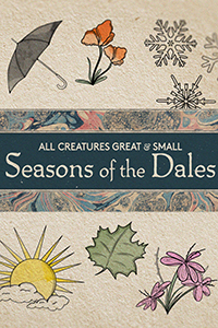 All Creatures Great and Small: Seasons of the Dales logo in the middle of hand drawn objects, including an umbrella, flowers, snowflakes, the sun/clouds and a leaf.