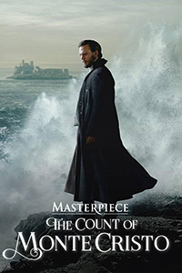 The Count of Monte Cristo | Masterpiece logo at the bottom, with the main character standing on a rocky shoreline wearing a dark trench coat with large waves splashing against the rocks in front of him. A castle/fortlike island structure is off in the distance.