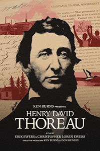 Henry David Thoreau logo overtop of a black and white photo of Henry David Thoreau. In the background is various imagery in a red tint -- including a factory-like building, protestors, a cabin in the woods, and a duck flying over water. A black ant is on Thoreau's right shoulder, and a red ant is on his left shoulder.