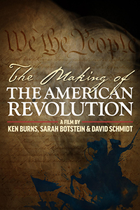 The Making of the American Revolution logo overtop of a copy of the Constitution with "We the People" visible at the top. At the bottom is the silhouette of troops -- one on a horse with raised sword, and one carrying a flag. A cannon is also visible.